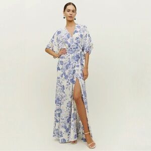 Reformation Winslow Lucerne Floral Blue White Rose Wrap Dress slit tie Size XS
